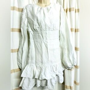 Keepsake Women Linen White Long Sleeves Short Ruffled Hem Dress Sz US 8/L -UK 12